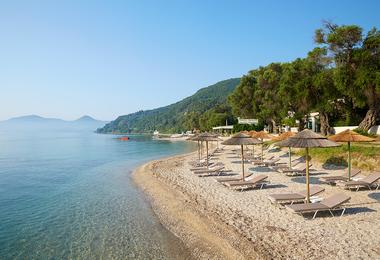The private beach at the MarBella Hotel