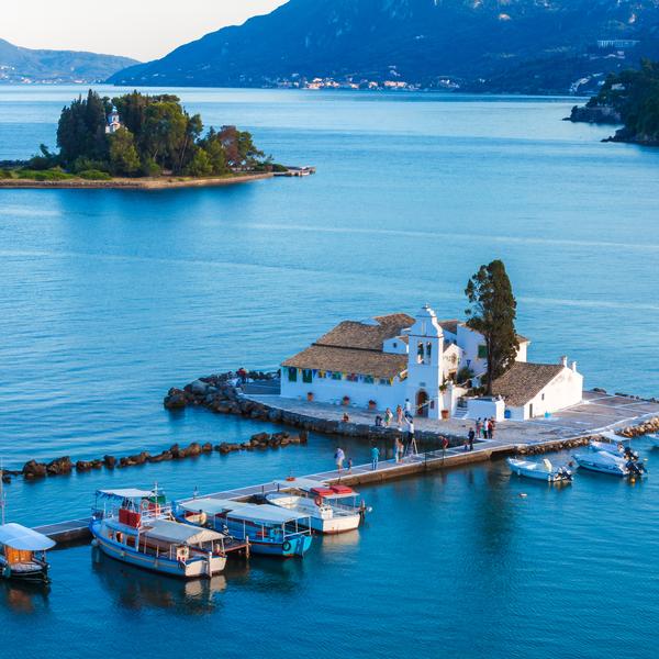 Vlacherna Orthodox monastery on Pontikonisi island in Corfu