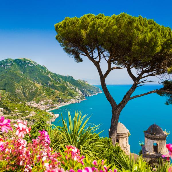 Scenic view of famous Amalfi Coast with Gulf of Salerno from Villa Rufolo gardens in Ravello, Campania, Italy